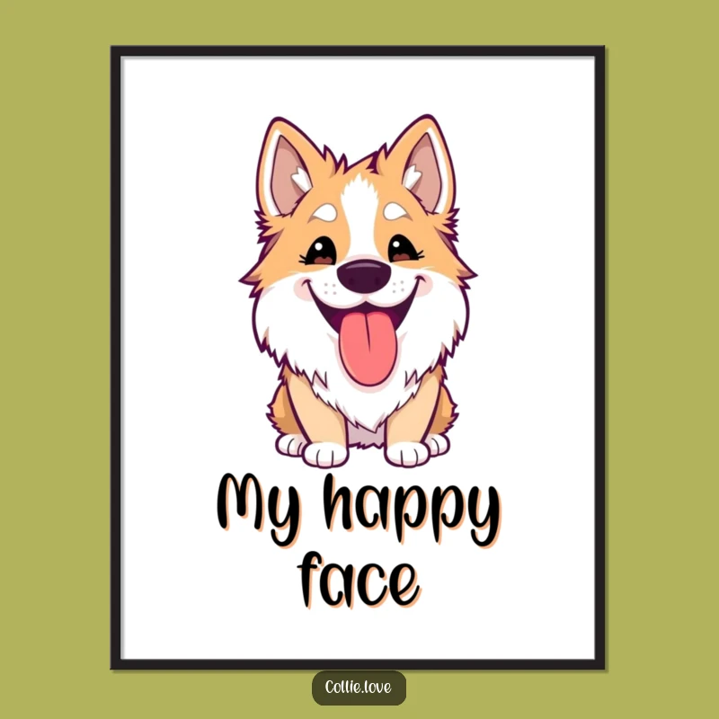 Funny Kawaii Collie Digital Art: Silly Grin Print, Unique Funny Gift