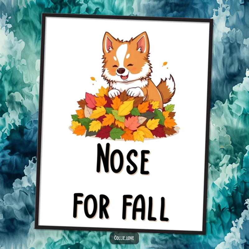 Funny digital art print of a Collie dog playfully nudging a pile of colorful autumn leaves.