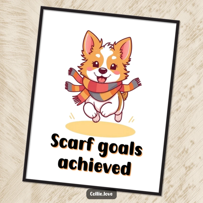 Funny Kawaii Collie digital art print of a joyful dog wearing a colorful scarf, running with pure delight.