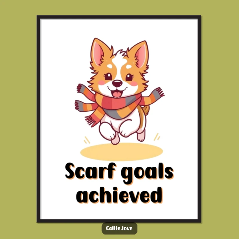 Funny Kawaii Collie Scarf Digital Art - Printable Joyful Dog Print
