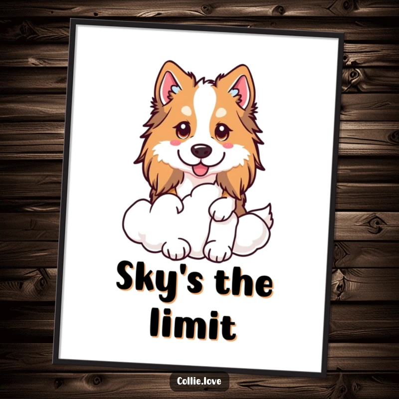 Funny Kawaii Collie Digital Art Print, a dog peeking from behind a cloud, downloadable wall art.