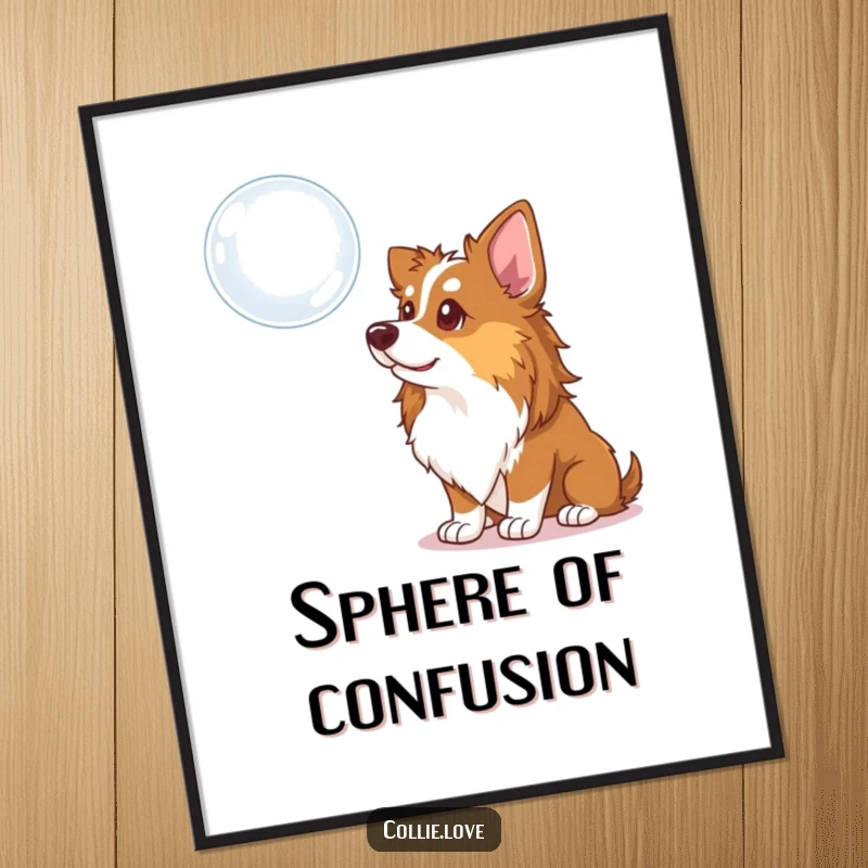 Funny Collie Dog Art Print: A curious Collie tilting its head at a floating bubble, a humorous and enchanting digital artwork.