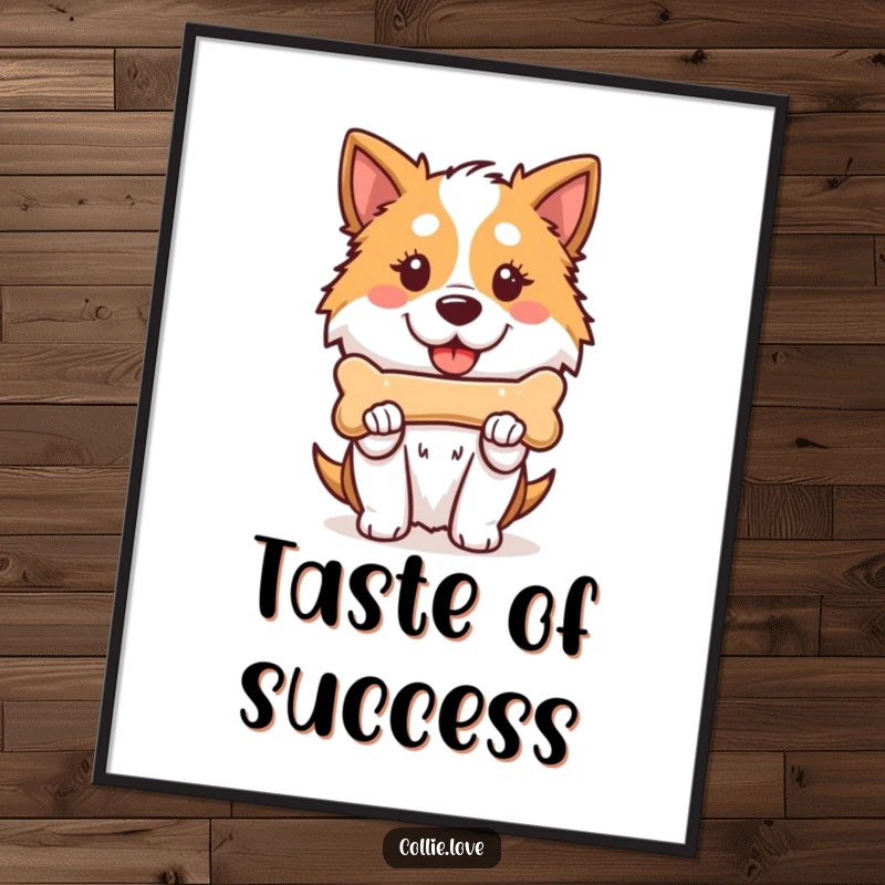 Funny Kawaii Collie Digital Art Print, a proud doggy holding a bone, downloadable and printable artwork.