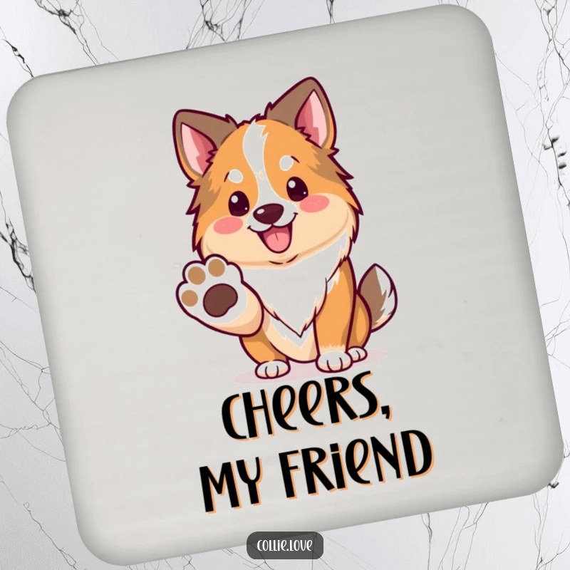 Funny Kawaii Collie Coaster, a dog offering its paw with a smile, ideal for protecting furniture.