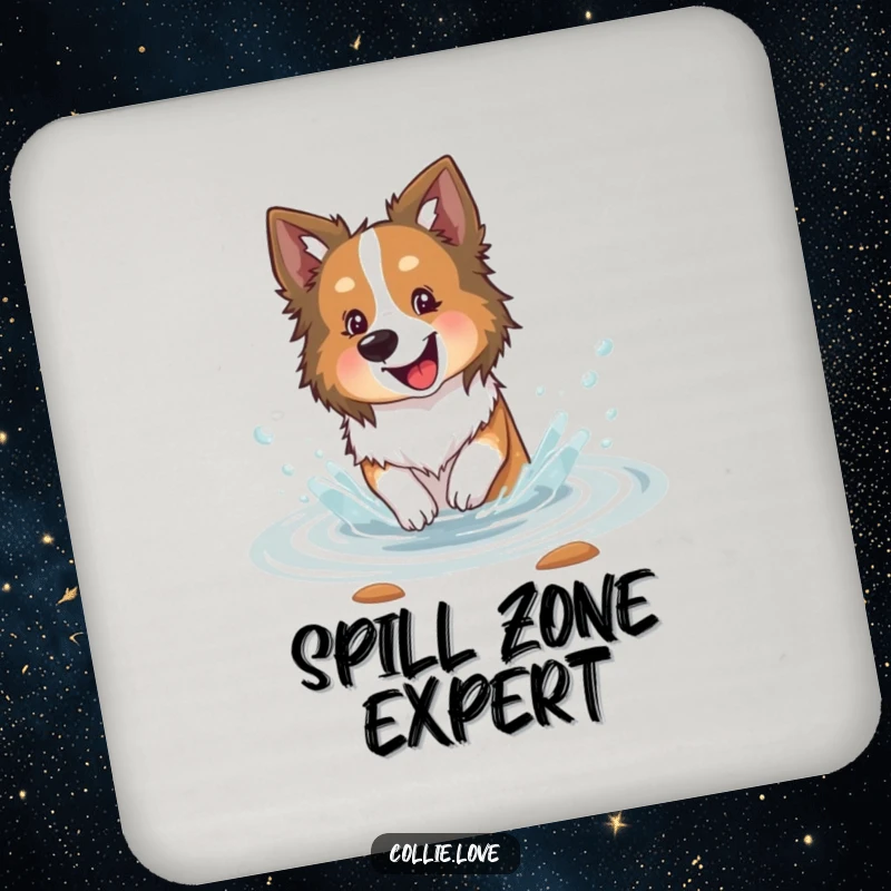 Funny Collie dog coaster, happily splashing in a shallow stream with delight, protecting your table with watery charm.