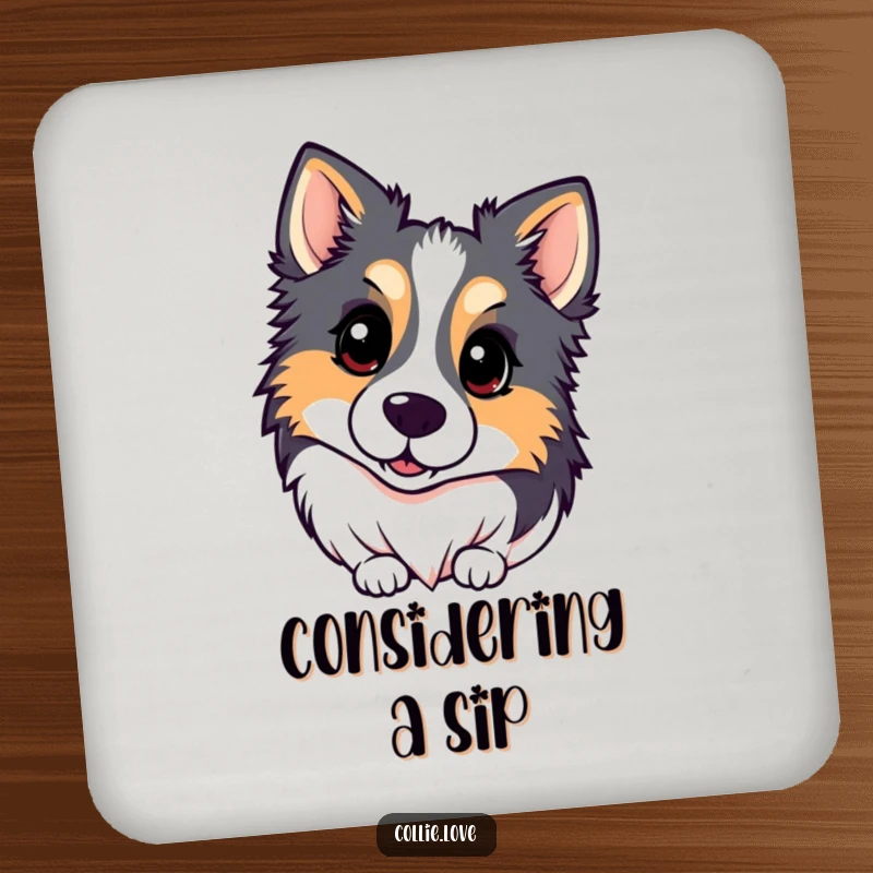 Funny Kawaii Collie Coasters featuring a dog’s inquisitive head tilt, protecting surfaces with humor and charm.