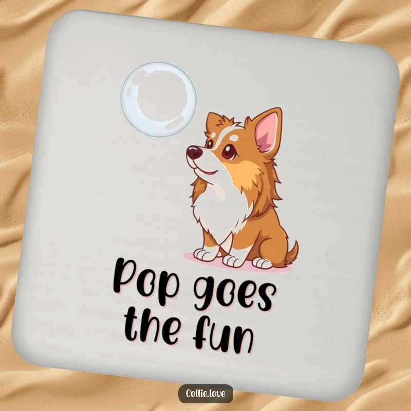 Funny Collie Dog Coaster: A Collie curiously observing a floating bubble, providing surface protection with a humorous and charming design.