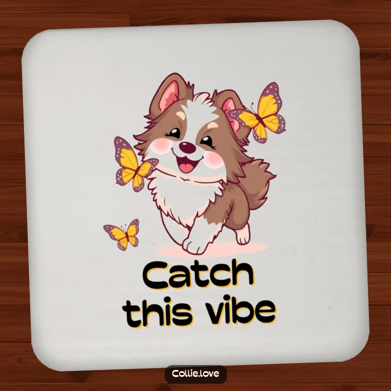 Funny Collie Dog Coaster: A fluffy Collie joyfully chasing a butterfly, offering surface protection with a humorous design.
