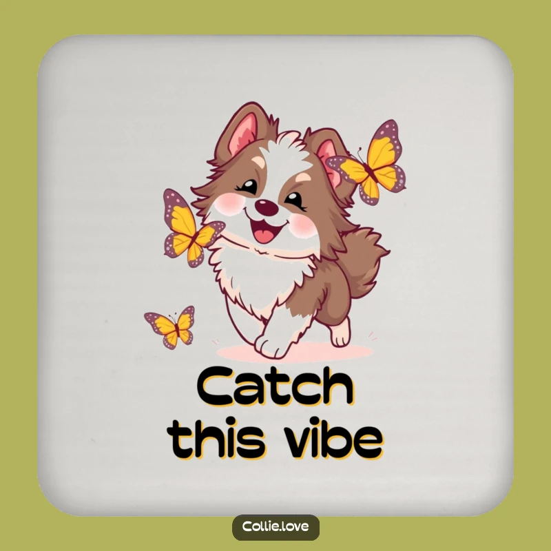 Funny Collie Dog Coaster Set: Protect Surfaces with Butterfly Chase Humor, Nice Gift