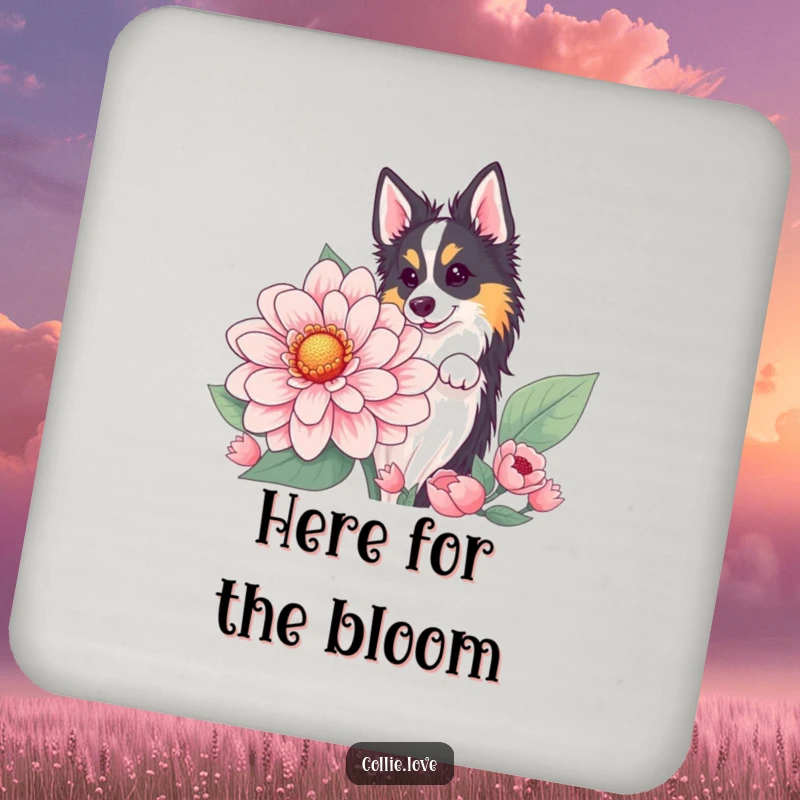 Funny Collie flower peek drink coaster, featuring a dog peeking from behind a flower. Decorative funny gift.