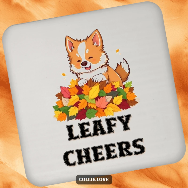 Funny drink coaster featuring a Collie dog playfully nudging a pile of colorful autumn leaves.