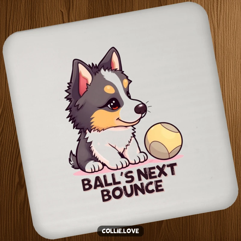 Funny Collie puppy coaster, head tilted, intently watching a ball, a hilarious depiction of puppy focus, great funny gift.