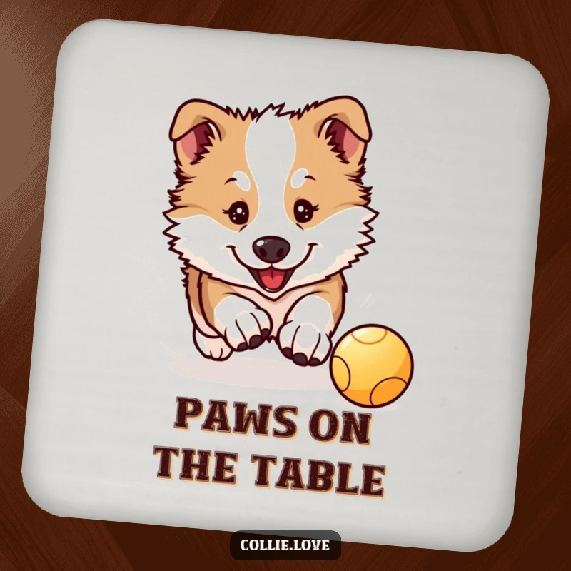 Funny Collie Puppy Coasters: A cute Kawaii Collie puppy chases a bouncing ball, adding charm to drink service.