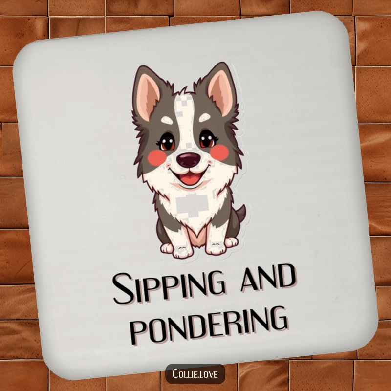 Funny Collie smile drink coaster featuring a dog with a cute head tilt. Protects surfaces with humor. Funny gift.