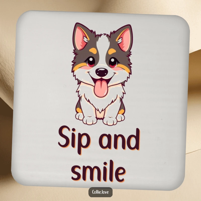 Funny happy Collie panting drink coaster with its tongue out. Decorative and humorous funny gift.