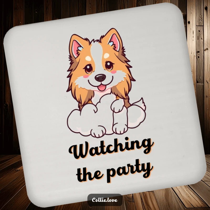 Funny Kawaii Collie Coaster, a dog peeking from a cloud, ideal for protecting furniture.