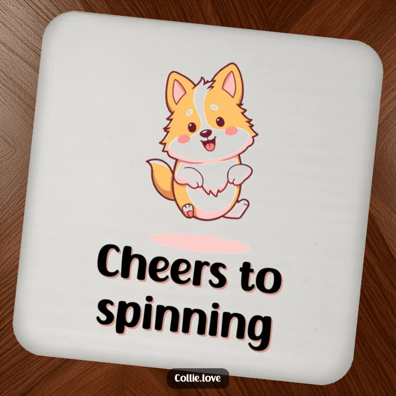 Funny Kawaii Collie Coaster, a dog happily spinning, ideal for protecting furniture.