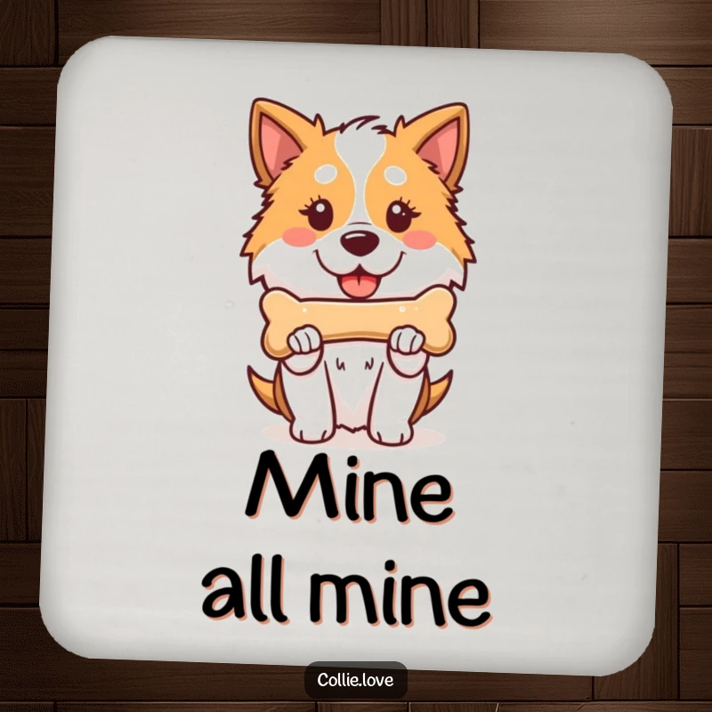 Funny Kawaii Collie Coaster, a proud dog holding a bone, perfect for protecting surfaces.