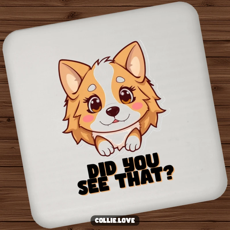 Funny Kawaii Collie Coaster, a surprised dog with floppy ears, ideal for protecting furniture.