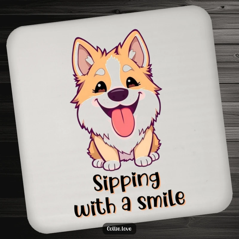 Funny Kawaii Collie Coasters featuring a dog’s silly grin and lolling tongue, adding humor to tabletops.