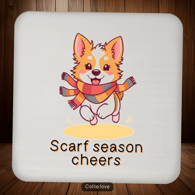 Funny Kawaii Collie drink coaster featuring a joyful dog in a colorful scarf, protecting surfaces with a smile.