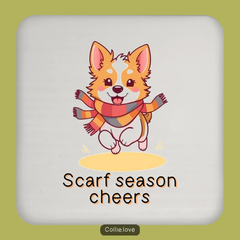 Funny Kawaii Collie Scarf Coaster - Festive Dog Art for Tables