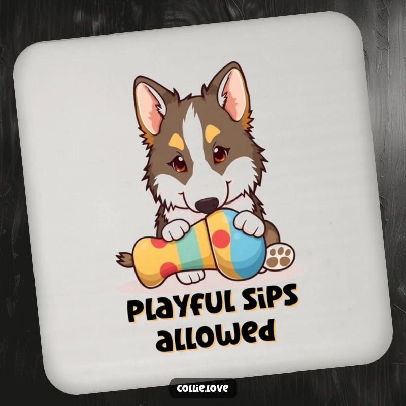 Funny Collie coaster, playfully nudging a colorful dog toy with its nose, a hilarious accent for dog lovers, great funny gift.