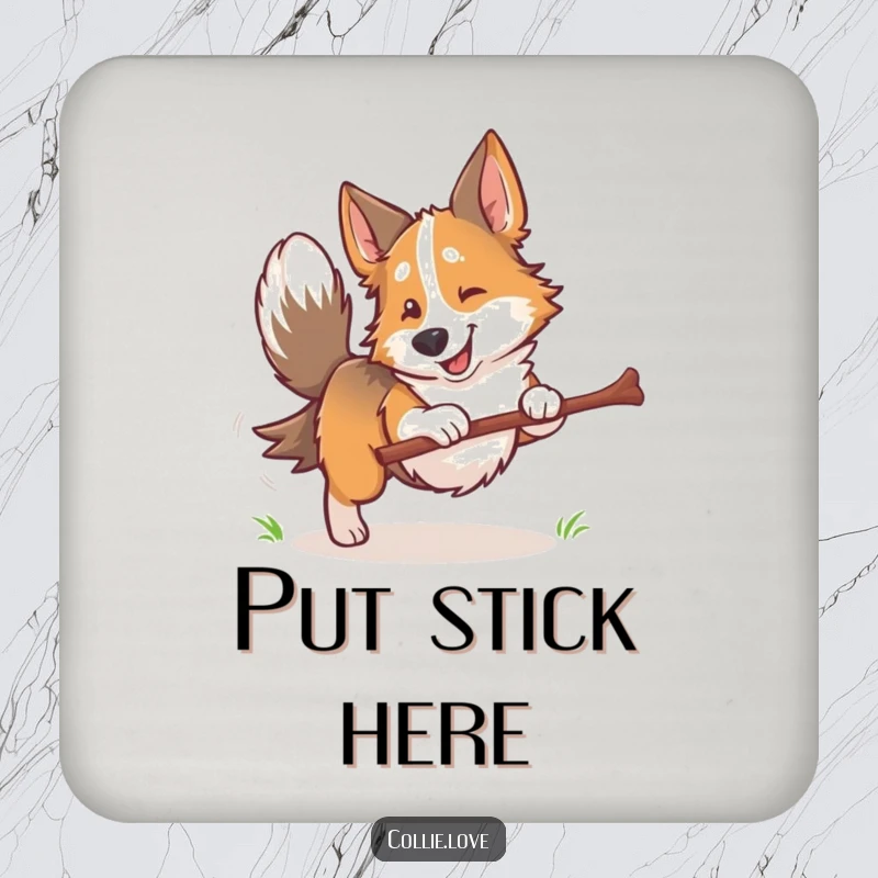 Funny Collie dog coaster, tail wagging, holding a stick, protecting your table with a dash of canine humor.