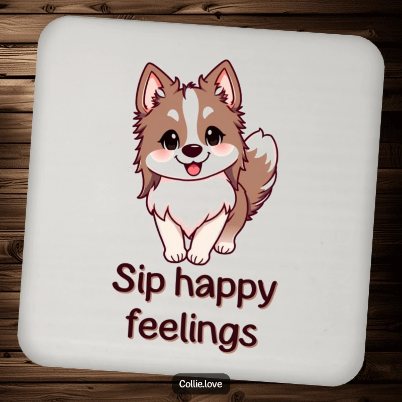 Funny Collie coaster, ears perked, tail wagging joyfully, and a happy smile, a hilarious accent for dog lovers, great funny gift.