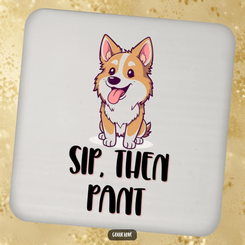 Funny Collie coaster, tongue lolling out, happily panting after a run, a hilarious accent for dog lovers, great funny gift.