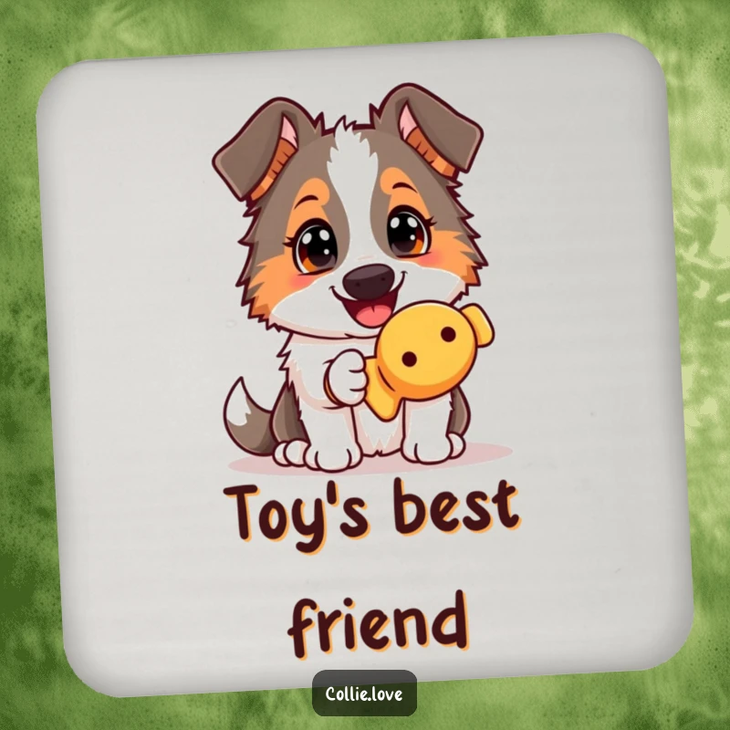 Funny Collie dog coaster, offering a squeaky toy with an eager gaze, protecting your table with canine playfulness.