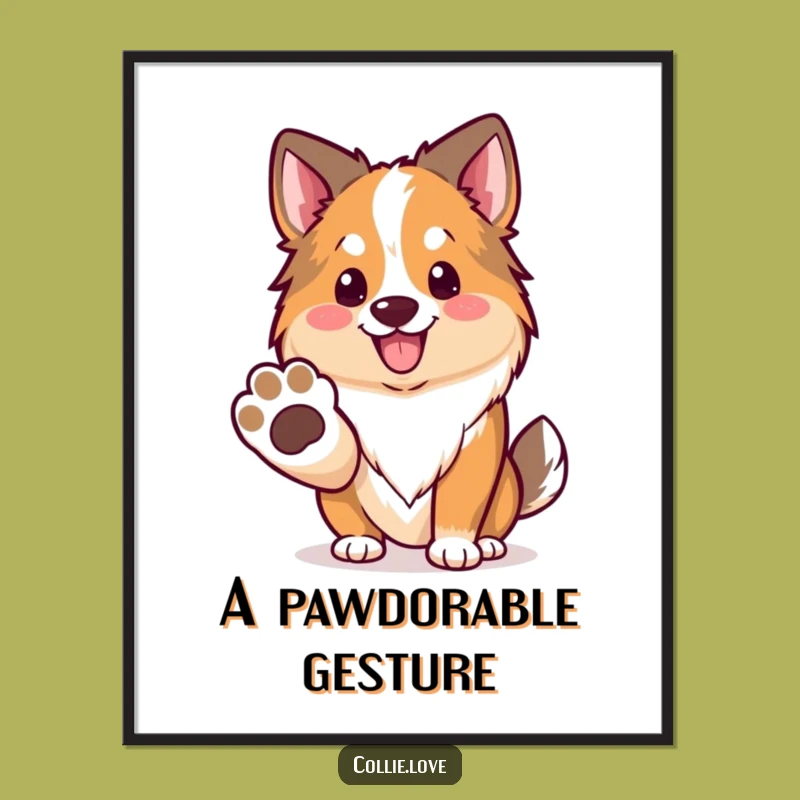 Funny Kawaii Collie Poster, Friendly Paw Art, Welcoming Collie Decor Gift