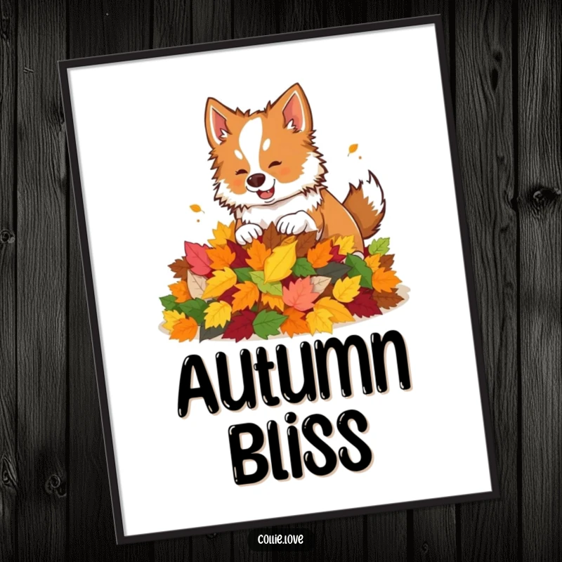 Funny poster art of a Collie dog playfully nudging a pile of colorful autumn leaves.