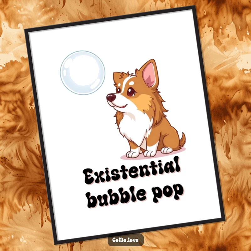 Funny Collie Dog Poster: A curious Collie tilting its head towards a floating bubble, creating a scene of innocent fascination and humor.