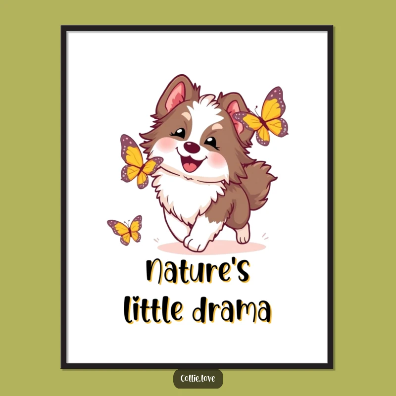 Funny Collie Dog Poster: Joyful Butterfly Chase Art Print, Whimsical Wall Decor Gift