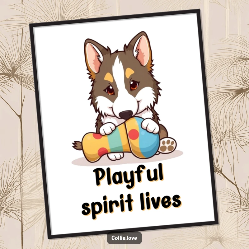 Funny Collie poster, playfully nudging a bright dog toy with its nose, a hilarious artwork of canine engagement, great funny gift.