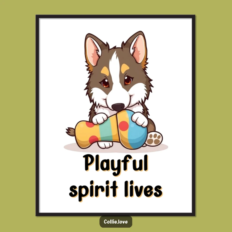 Funny Collie Nudging Toy Poster - Hilarious Dog Art Print