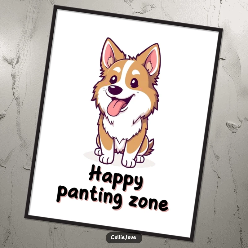 Funny Collie poster, tongue lolling out, panting happily after a run, a hilarious artwork of canine enjoyment, great funny gift.