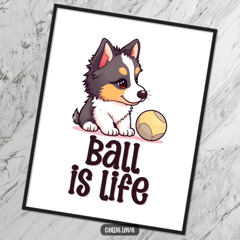 Funny Collie puppy poster, head tilted with comical intensity, watching a ball, a hilarious artistic representation of doggy focus, great funny gift.