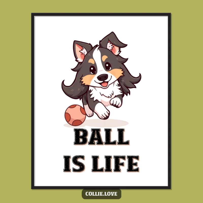 Funny Kawaii Collie Floppy Ears Poster - Art Print of Dog Chasing Ball