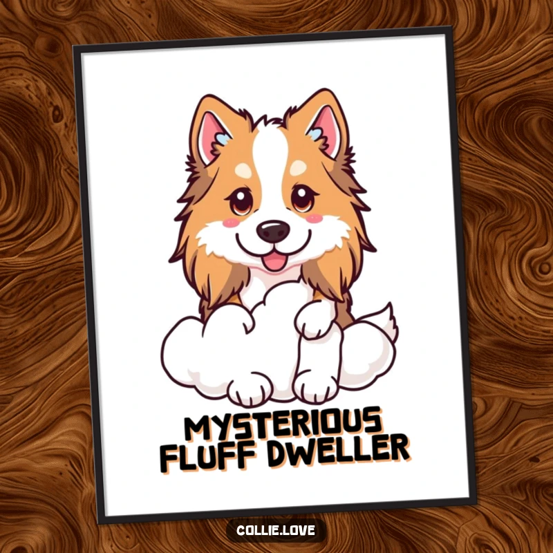 Funny Kawaii Collie Poster, a dog peeking over a cloud, great for wall decor.