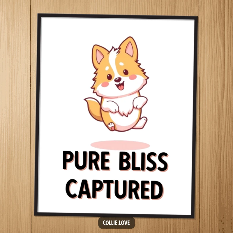 Funny Kawaii Collie Poster, a dog performing a happy spin, great for wall decor.