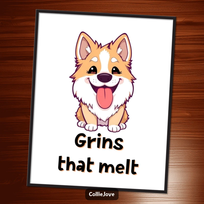 Funny Kawaii Collie Poster displaying a dog’s silly grin and lolling tongue, adding cheerful art to any space.