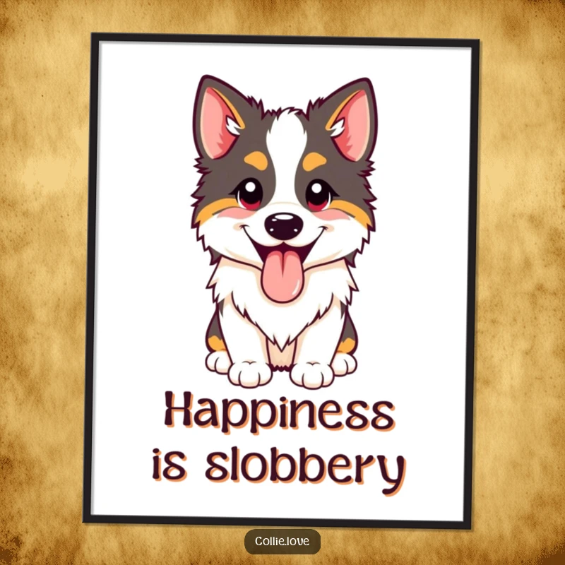 Funny happy Collie panting poster with its tongue out, radiating pure joy. Artistic funny gift.