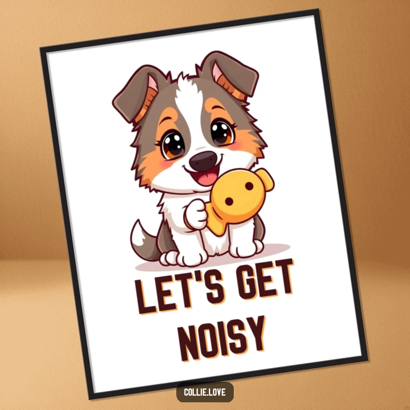 Funny Collie dog poster, holding a squeaky toy, offering it with an eager gaze, capturing pure canine joy and playfulness.