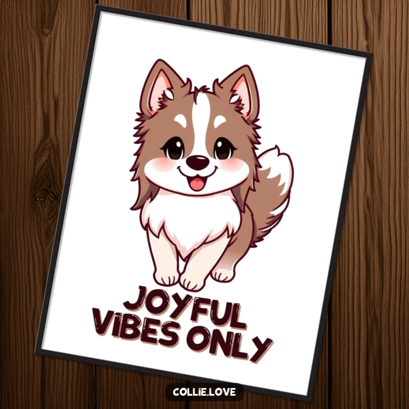 Funny Collie poster, ears perked, tail wagging rapidly, and a huge smile, a hilarious artwork capturing pure dog joy, great funny gift.