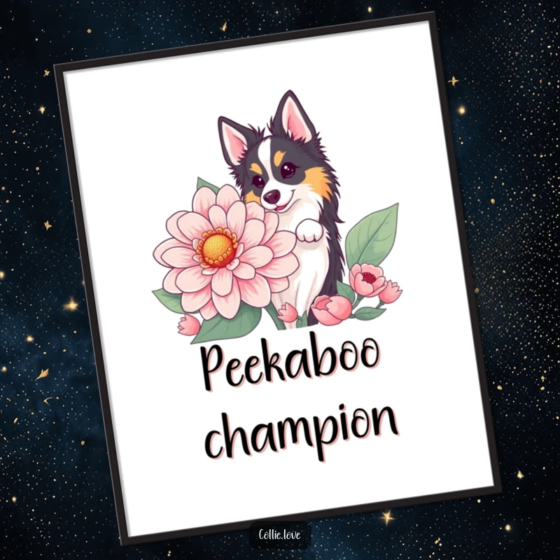Funny Collie flower peek poster, showing a dog peeking from behind a giant colorful flower. Artistic funny gift.