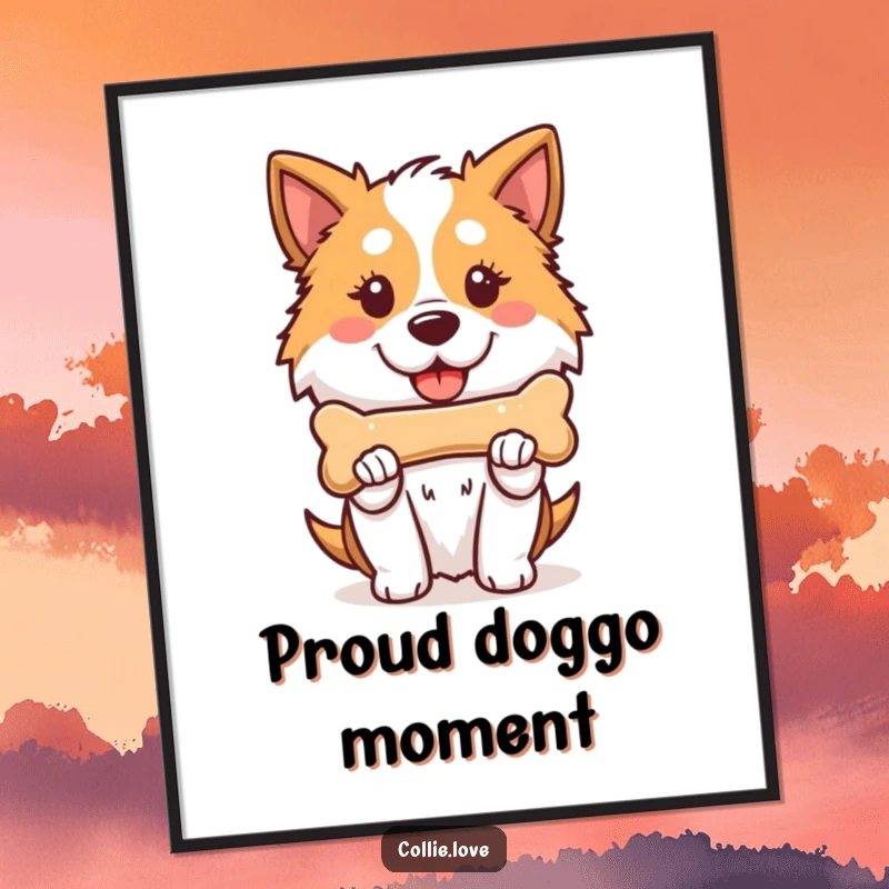 Funny Kawaii Collie Poster, a proud dog proudly holding a bone, ideal for wall art and home decor.
