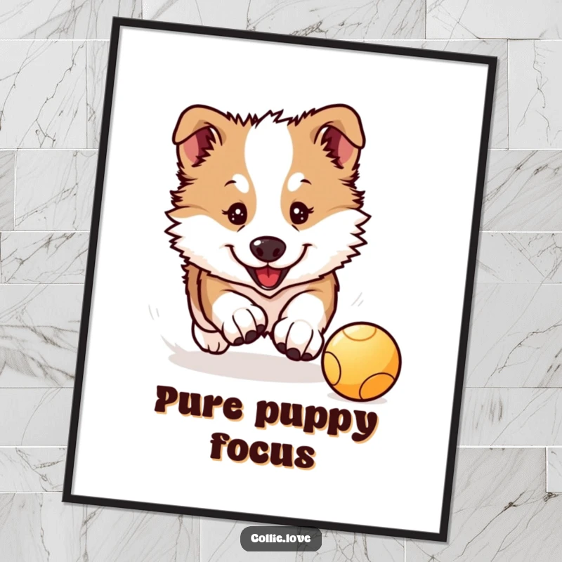 Funny Collie Puppy Poster: A cute Kawaii Collie puppy intensely chases a bouncing ball, adding playful charm to decor.