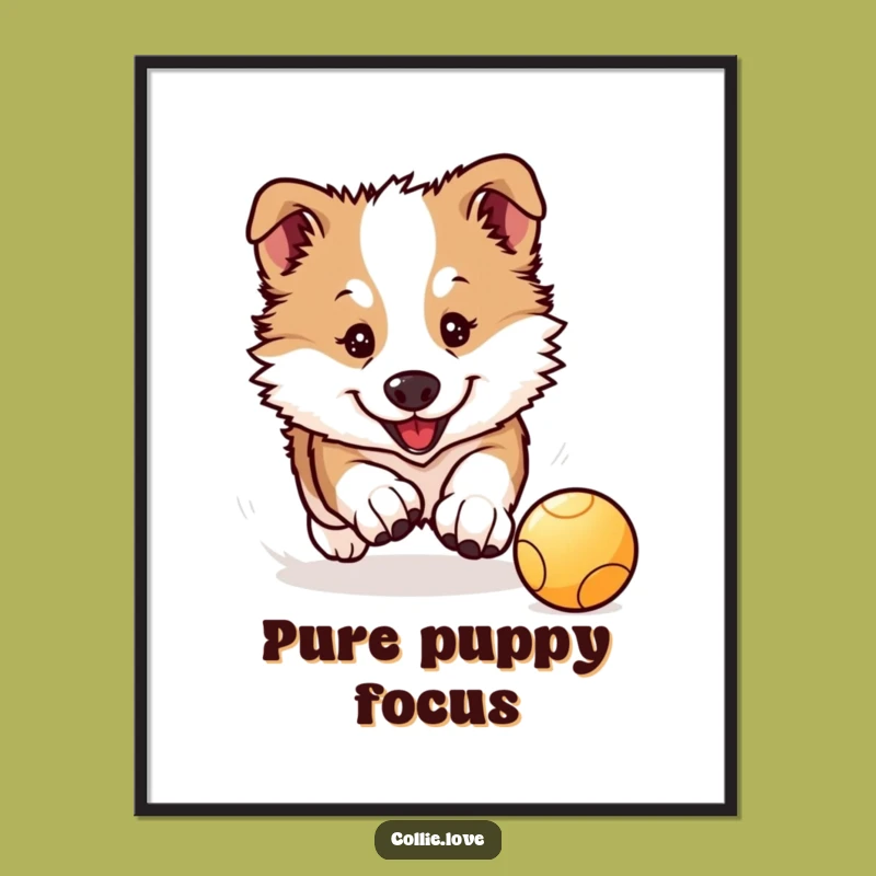 Funny Collie Puppy Poster: Kawaii Collie Chases Ball, Adorable Wall Art